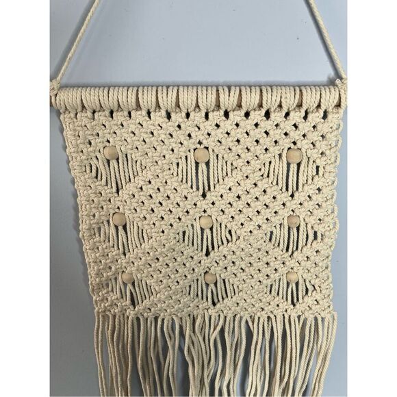 Macrame Wall Hanging Hand Tied with Wooden Beads Boho Unique Decor - Picture 2 of 5
